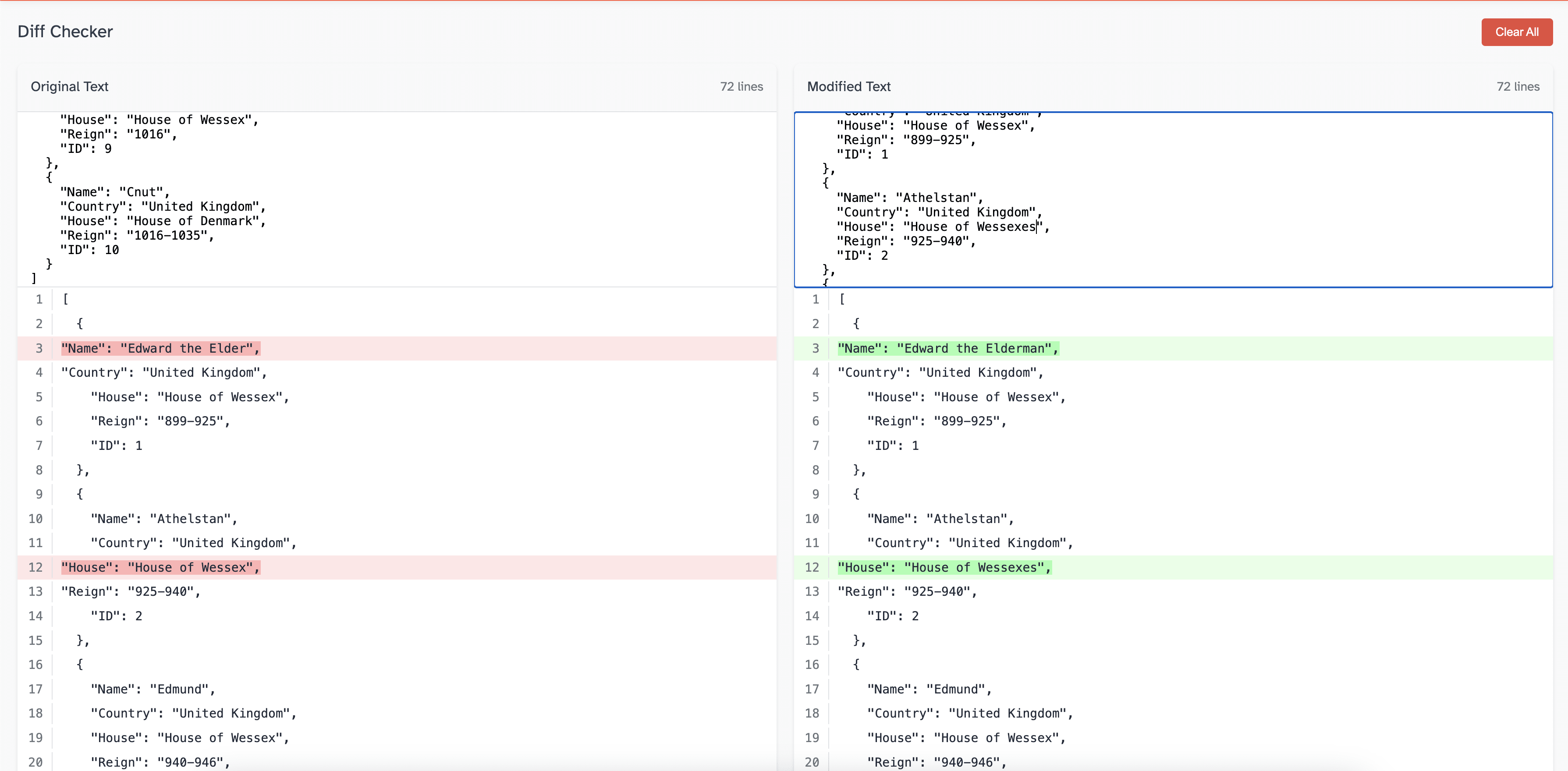 Screenshot of Diff Checker showing diff between two texts