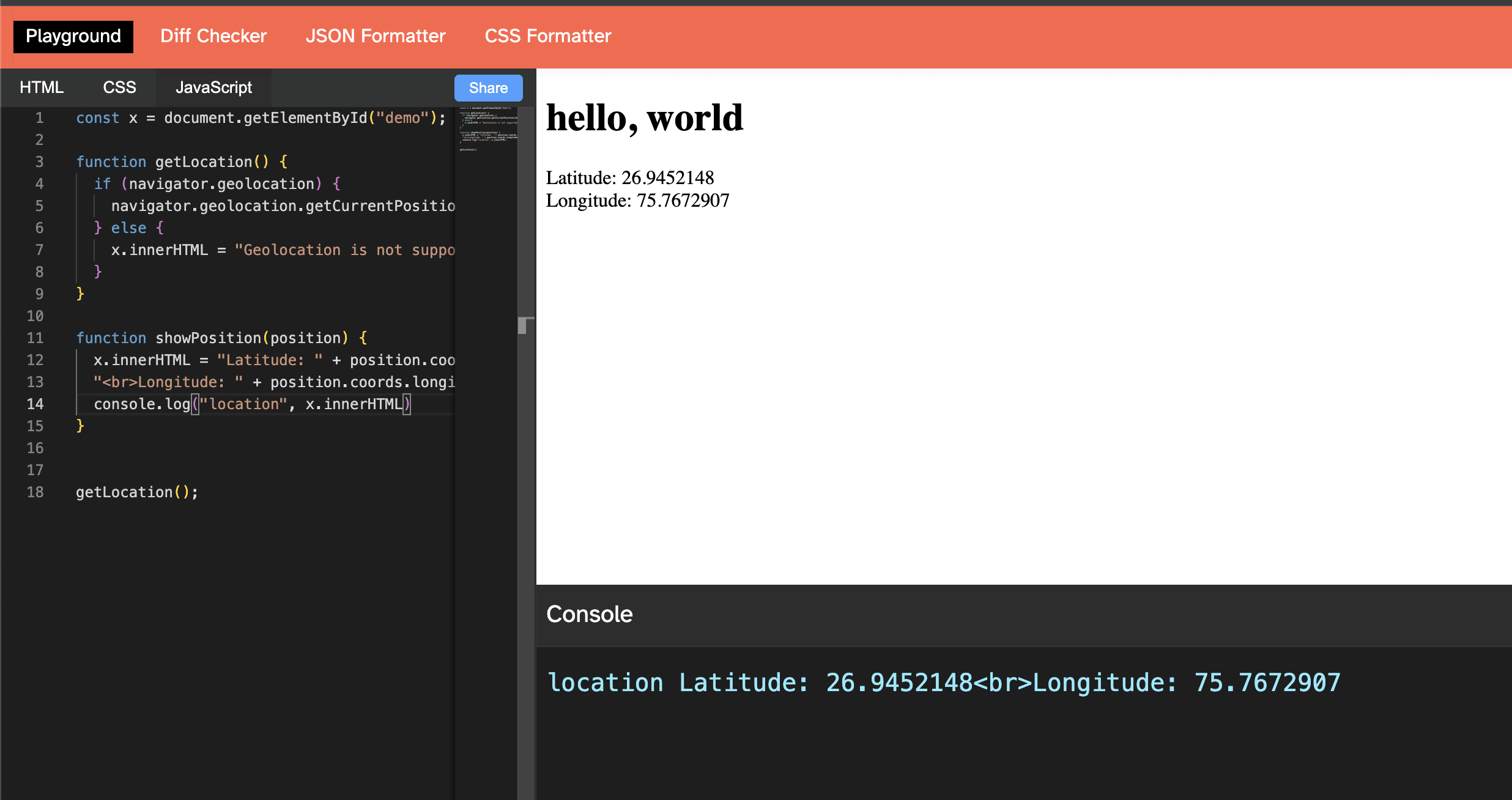 Screenshot of Frontend Playground showing location using WebAPI