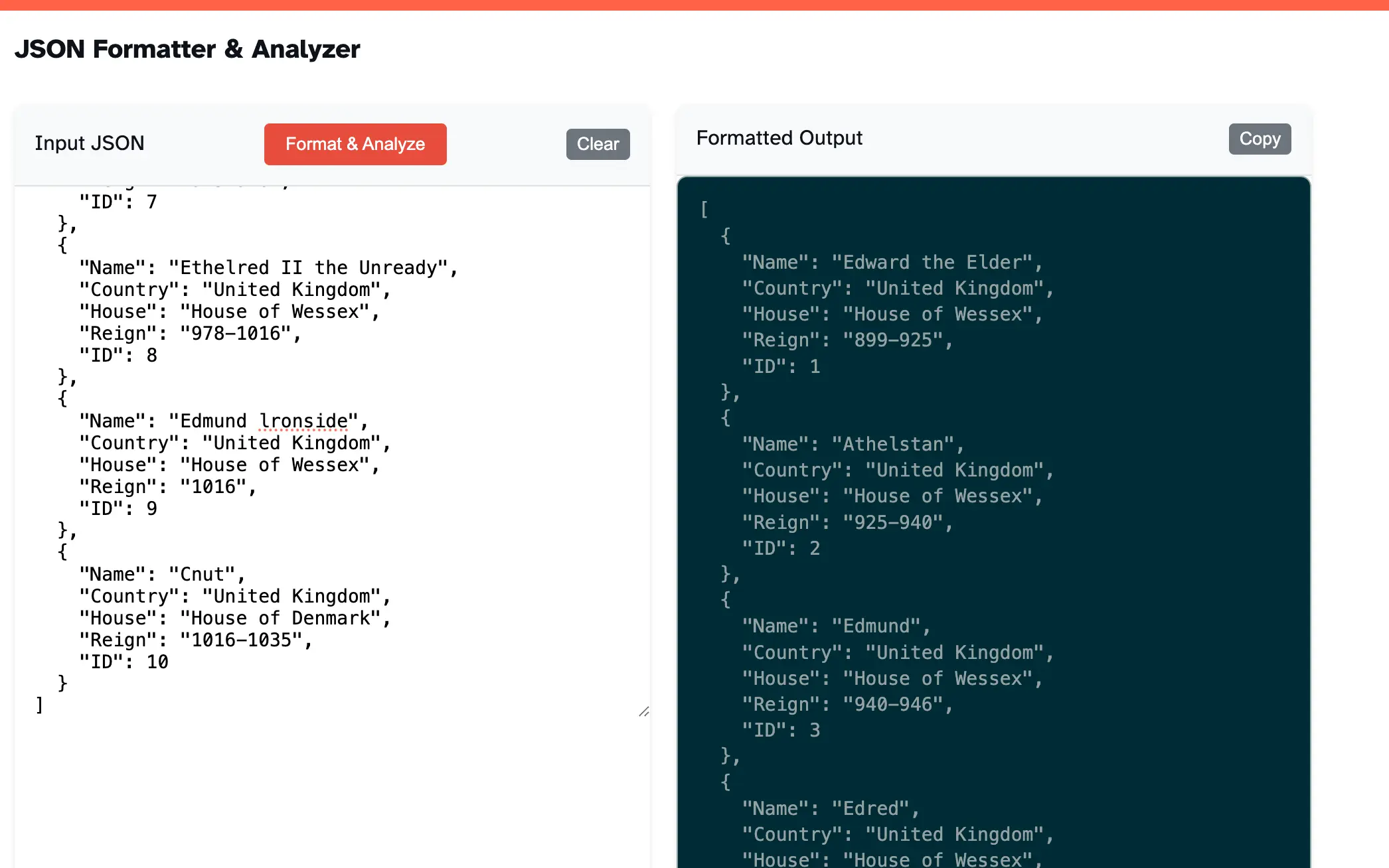 Screenshot of JSON Formatter showing formatted JSON